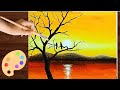 Como Pintar Paisagem Por do Sol com Pássaros