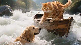 Golden Retriever Swept Away by River — Saved by a Brave Cat Mom and Her Kitten | Cat Videos | Kucing