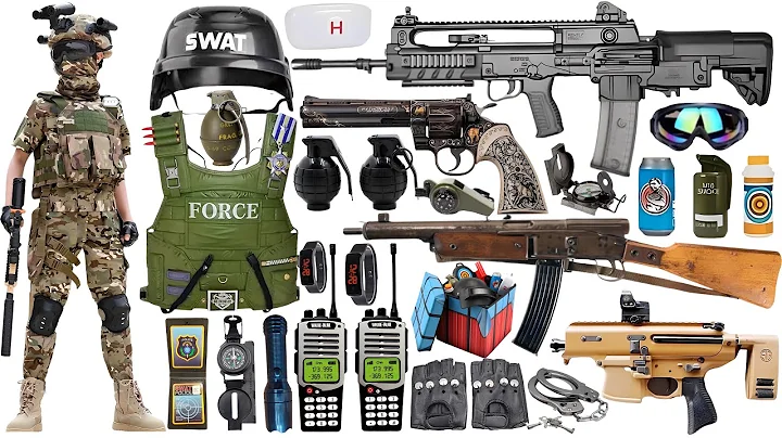 Special police weapon toy set unboxing, M249 light machine gun, UZI submachine gun, tactical helmet