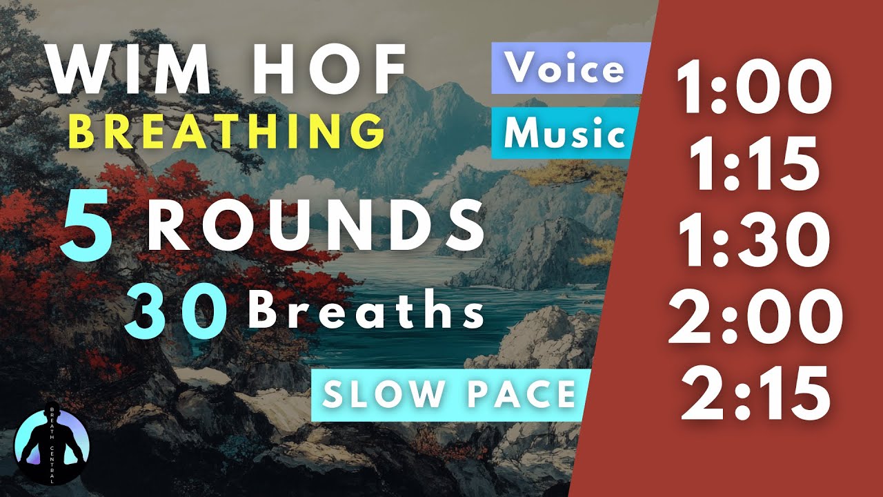 WIM HOF Guided Breathing | 30 Breaths 5 Rounds Slow Pace | Up to 2:15min