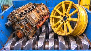 Giant Industrial Shredder vs Engine & Huge Tire & Air Filter! | Extreme Metal Shredder Machine