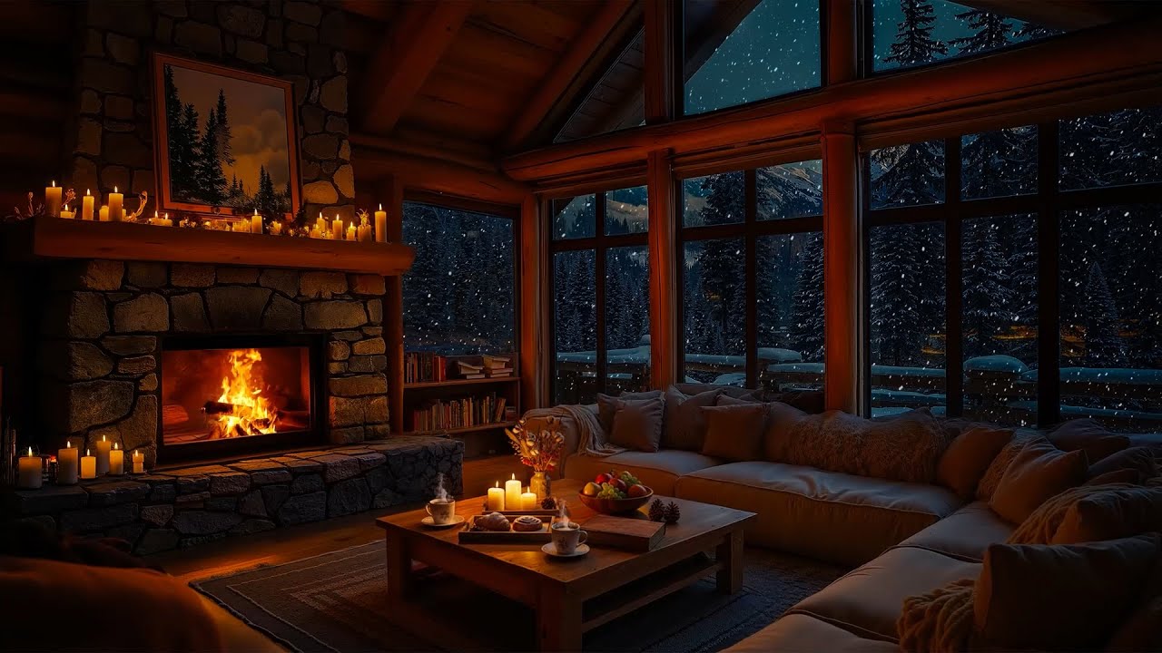 Relaxing Winter Night Jazz ❄️ Cozy Cabin Ambience with Soothing Jazz, Snowfall & Fireplace Sounds