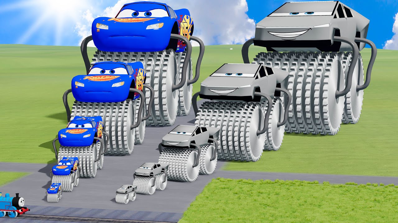 Big & Small Double Monster Saw Wheels:Blue Lightning Mcqueen& Tesla Cybertruck vsTrain |BeamNG.Drive