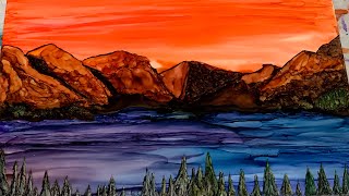 (158) Alcohol Inks - Sunset Painting  Mountain Landscape on Yupo