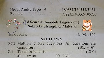 POLYTECHNIC ||STRENGTH OF MATERIAL|| 3rd SEM AUTOMOBILE ENGINEERING FEB 2023 EXAM QUESTION PAPER