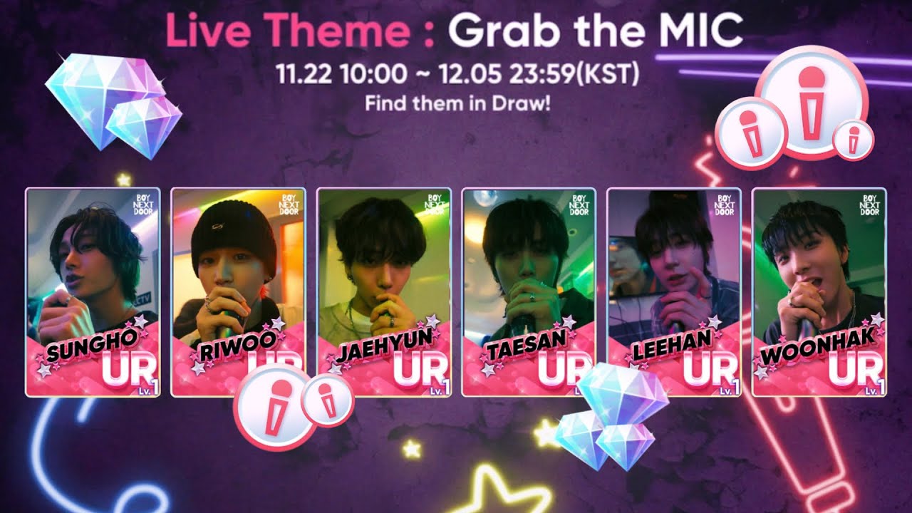 [rhythm hive] ‼️ LIVE THEME: spending 5k gems on boynextdoor ‘grab the mic’ 🎤
