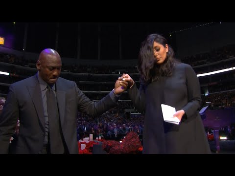 Michael Jordan helps Vanessa Bryant walk off stage at Gigi and Kobe Bryant memorial