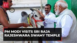 PM Modi performs &#39;Gau Poojan&#39; at Sri Raja Rajeshwara Swamy Temple in Telangana, watch!