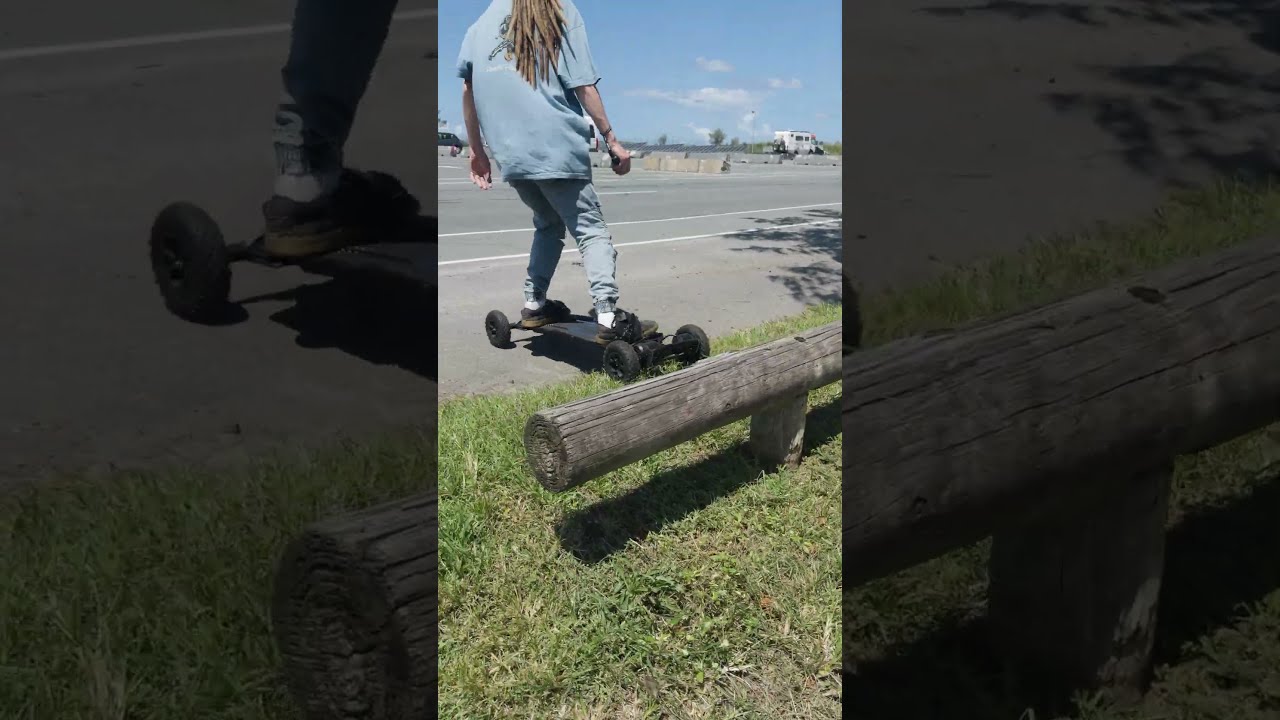 Offroad Electric Skateboard Riding Over A Big Thing 