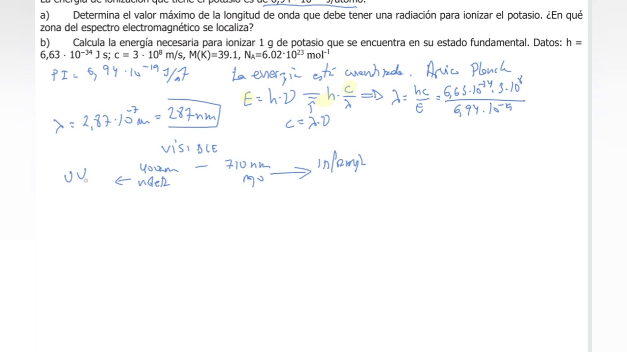 Energía de ionización, longitud de onda