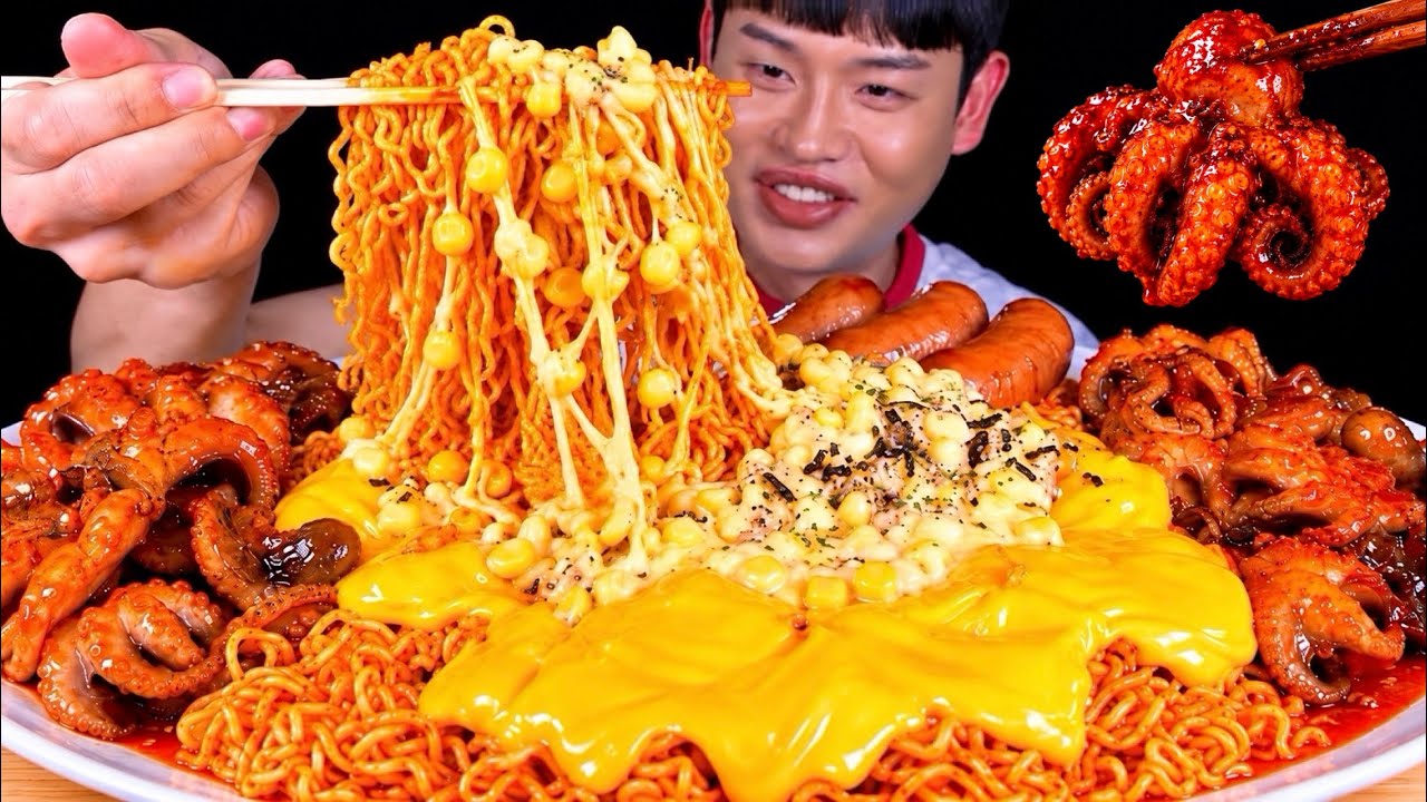 ASMR 콘치즈 가득 올린 불닭볶음면과 매운 불쭈꾸미 먹방~!! Corn Cheese BulDak Noodles With Spicy Jjukkumi MuKBang~!!