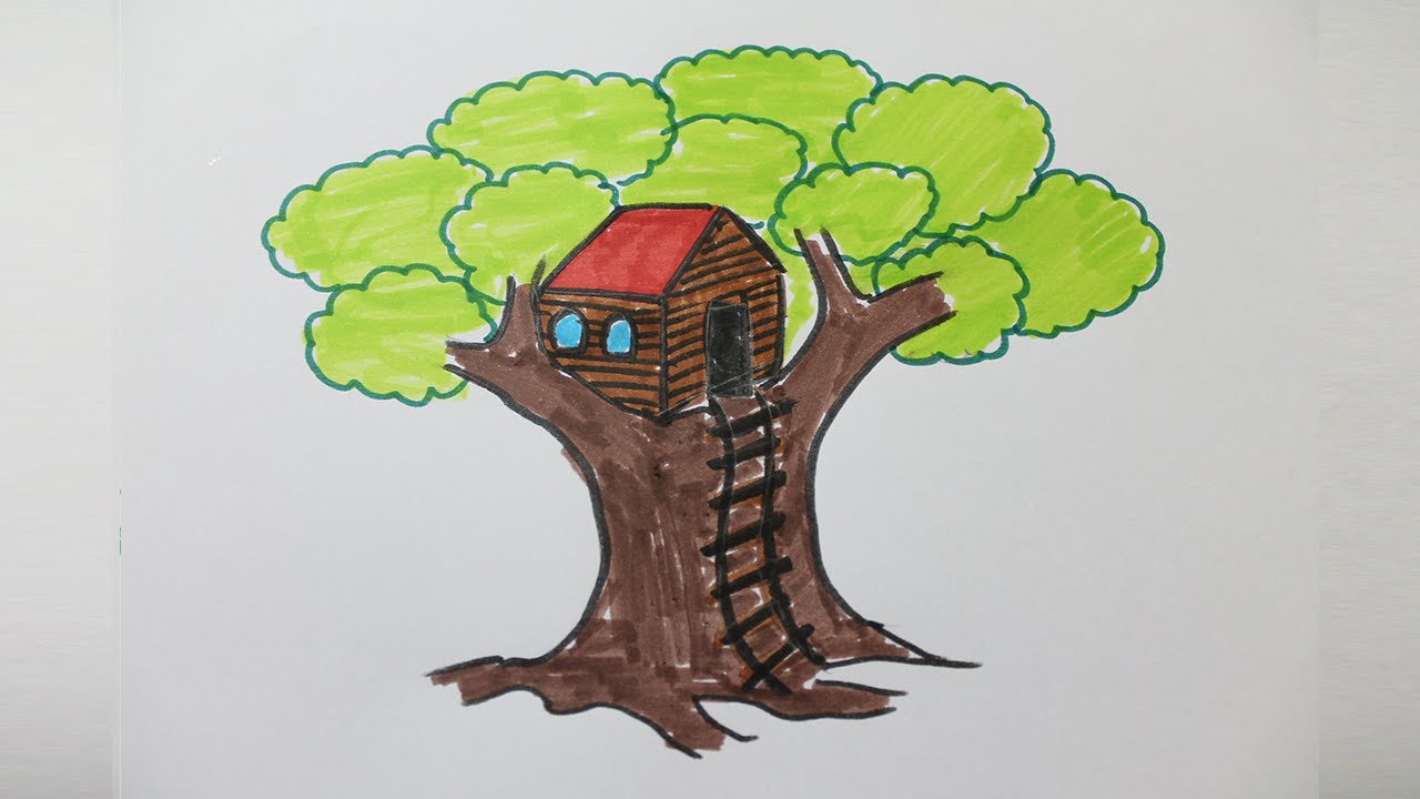 How to draw a treehouse step by step YouTube