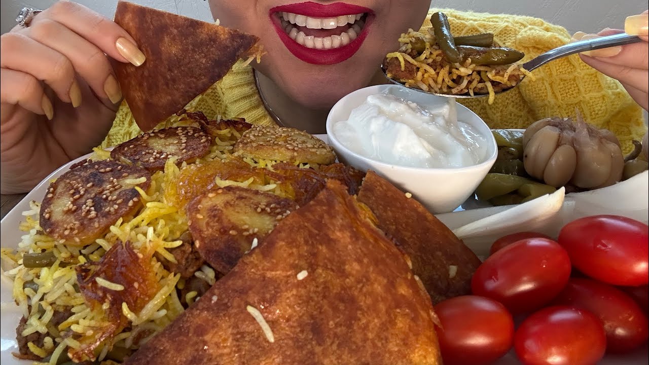 Mukbang| موکبانگ لوبیا پلو با ترشی سیر و ماست 