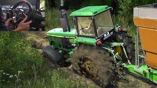 John Deere 4755 stuck in mud with heavy trailer - Thrustmaster T248 gameplay