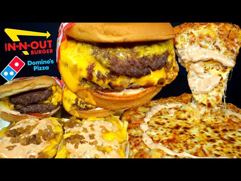 ASMR MUKBANG ANIMAL STYLE IN-N-OUT DOUBLE BURGERS EXTRA CHEESE PIZZA & FRIES | WITH CHEESE & RANCH