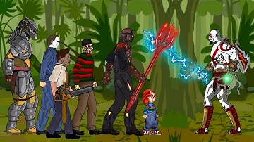 God of War Kratos vs Jason Voorhees, Michael Myers, Leatherface, Freddy Krueger, Chucky, Predator.