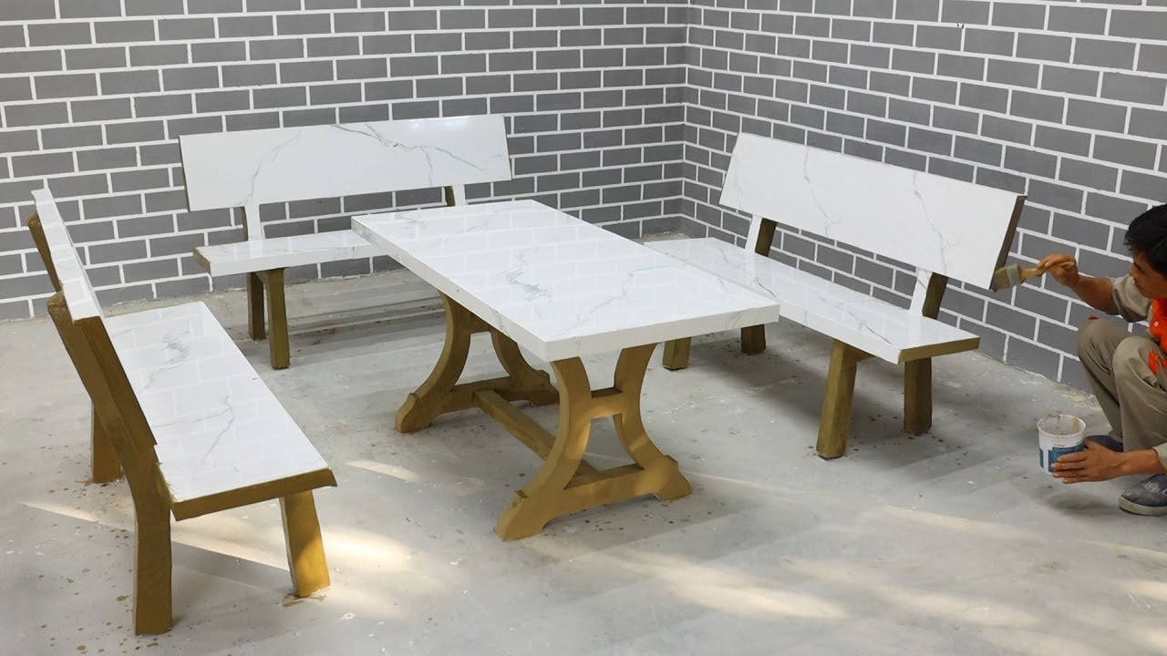 Садовый стол из бетона и керамогранита