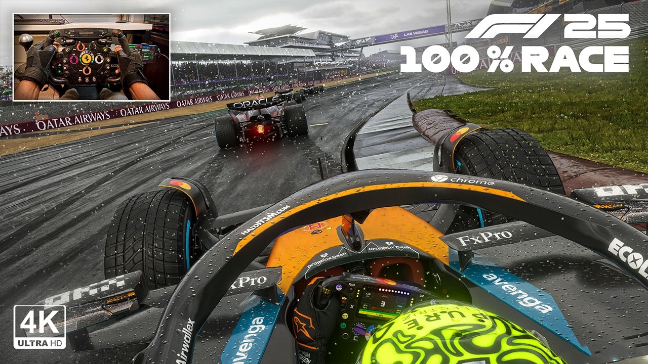 Lando Norris's McLaren MCL39 | 2025 British GP Heavy Rain 100% Race | F1 25 Steering Wheel Gameplay
