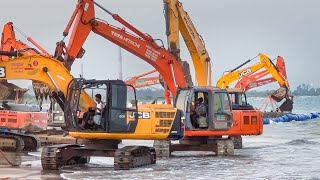 21 Excavator and Boat Sea Water to Drinking Water Pipeline Pulling and pushes together into Ocean