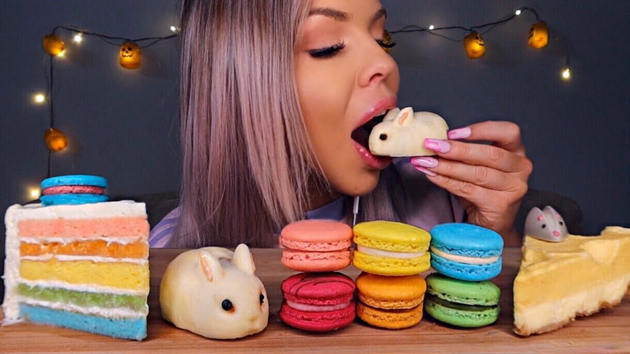 ASMR RAINBOW MASCARPONE CAKE, MINI BUNNY CARROT CAKE (FAKE), CHEESECAKE, RAINBOW MACARONS MUKBANG