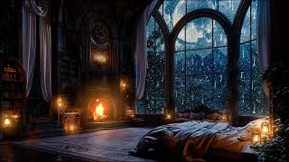 Enjoy a Heavy Thunderstorm in a Cozy Castle Room with Rain and Crackling Fireplace To Sleep Deeply