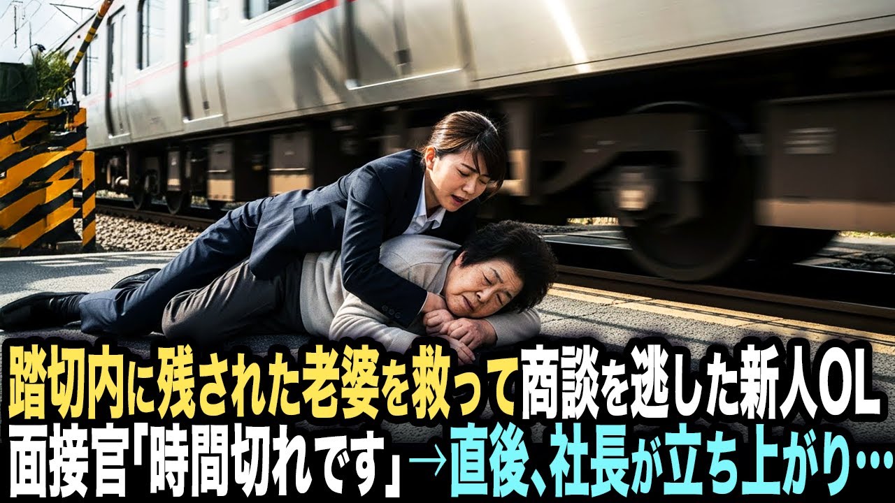 踏切で遮断機の中に取り残されたお婆さんを救って大事な商談を逃した新人OL。面接官「時間切れです」だがその直後、同席していた社長が立ち上がり…
