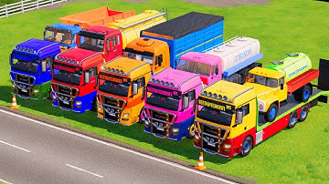 Transport van een dubbele platte vrachtwagen versus een verkeersdrempel, een trein versus een aut...