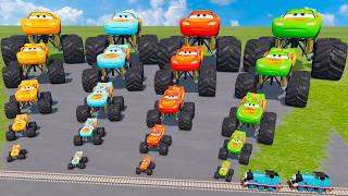 Big U0026 Small Colors Monster Trucks Lightning Mcqueens Vs Trains  Beamngdrive