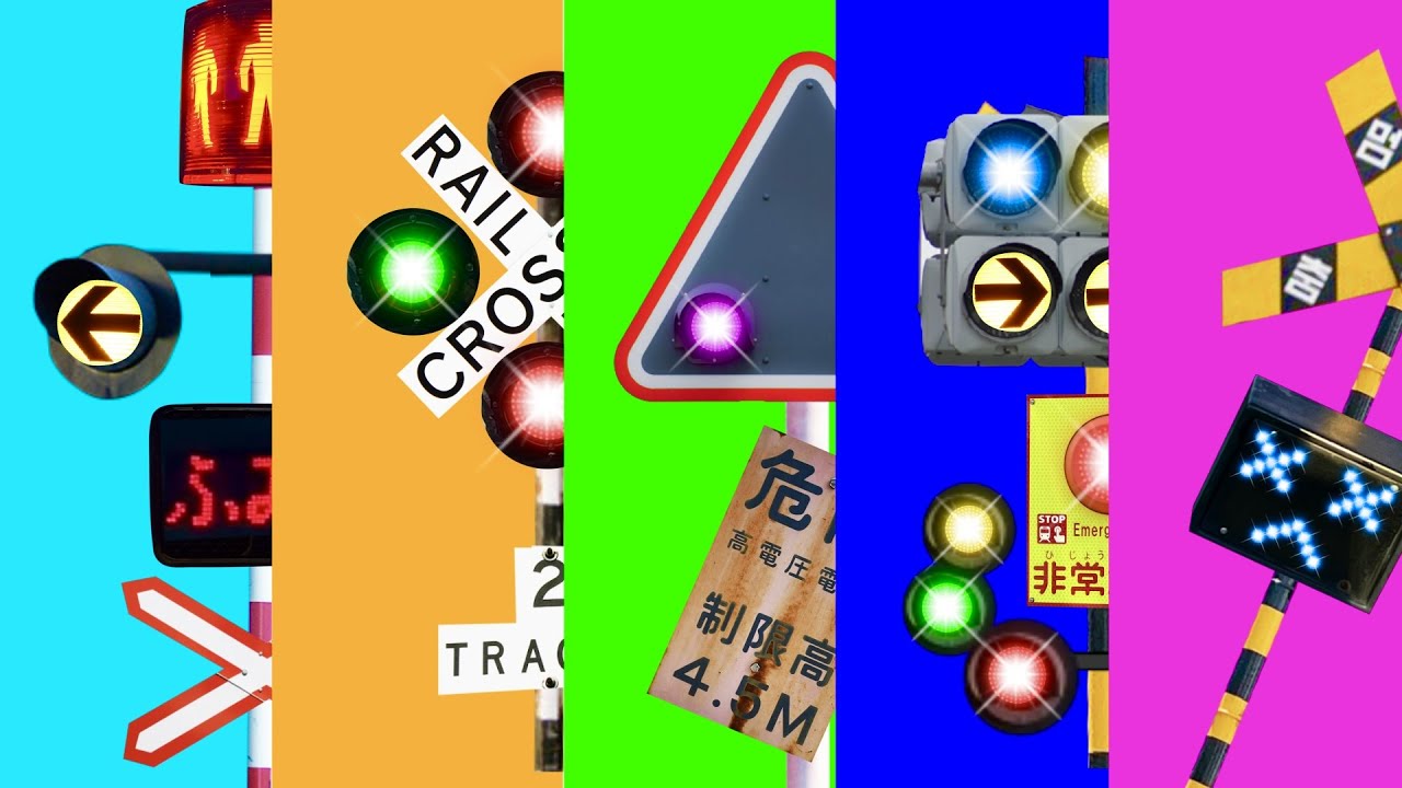 【ふみきりカンカン】踏切アニメまとめ♪合体して変な音楽を奏でる不思議な世界  Railroad Crossing and train  LED信号機　標識