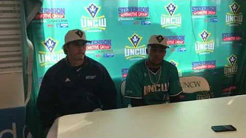 Coach Scalf, Kennard McDowell and Luke Gesell react after @UNCWBaseball earned a 10-1 win and series