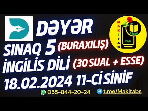 18.02.2024 Dəyər Nəşrləri Buraxılış Sınaq 5 İngilis dili 11-ci sinif | + ESSE | 18 fevral 2024