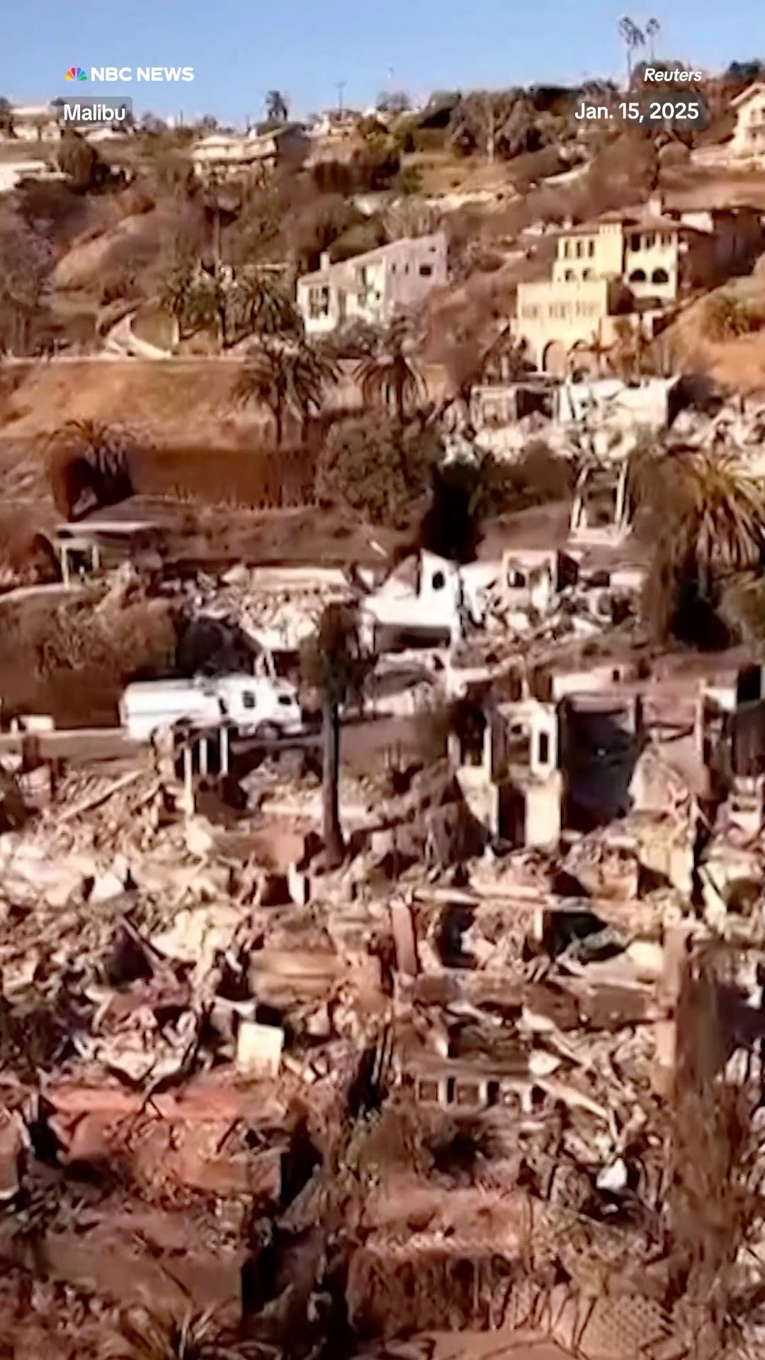Drone footage from the Pacific Coast Highway in Malibu shows the extent of the wildfire destruction.