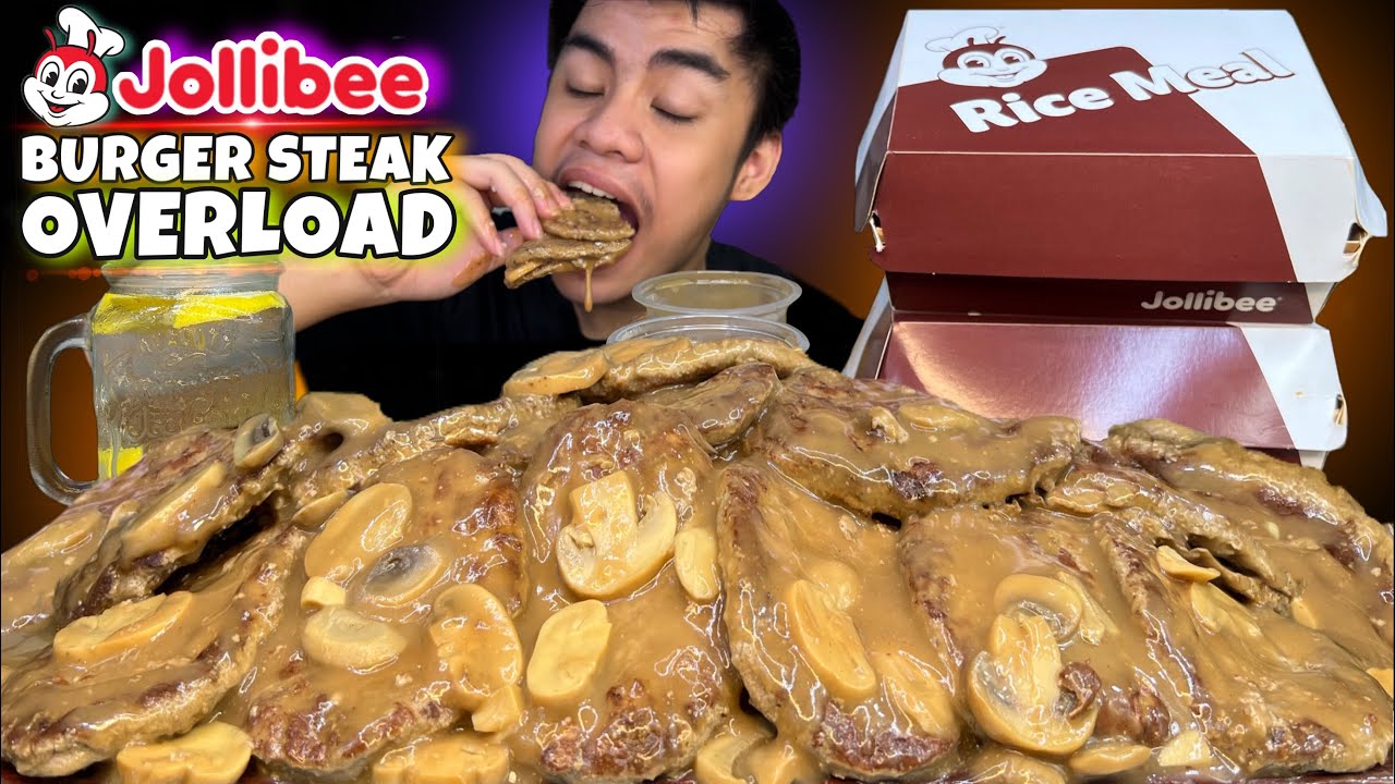 2 JOLLIBEE FAMILY PAN BURGER STEAK EQUIVALENT OF 12 PCS. BURGER STEAK W/ RICE MUKBANG PINOY MUKBANG