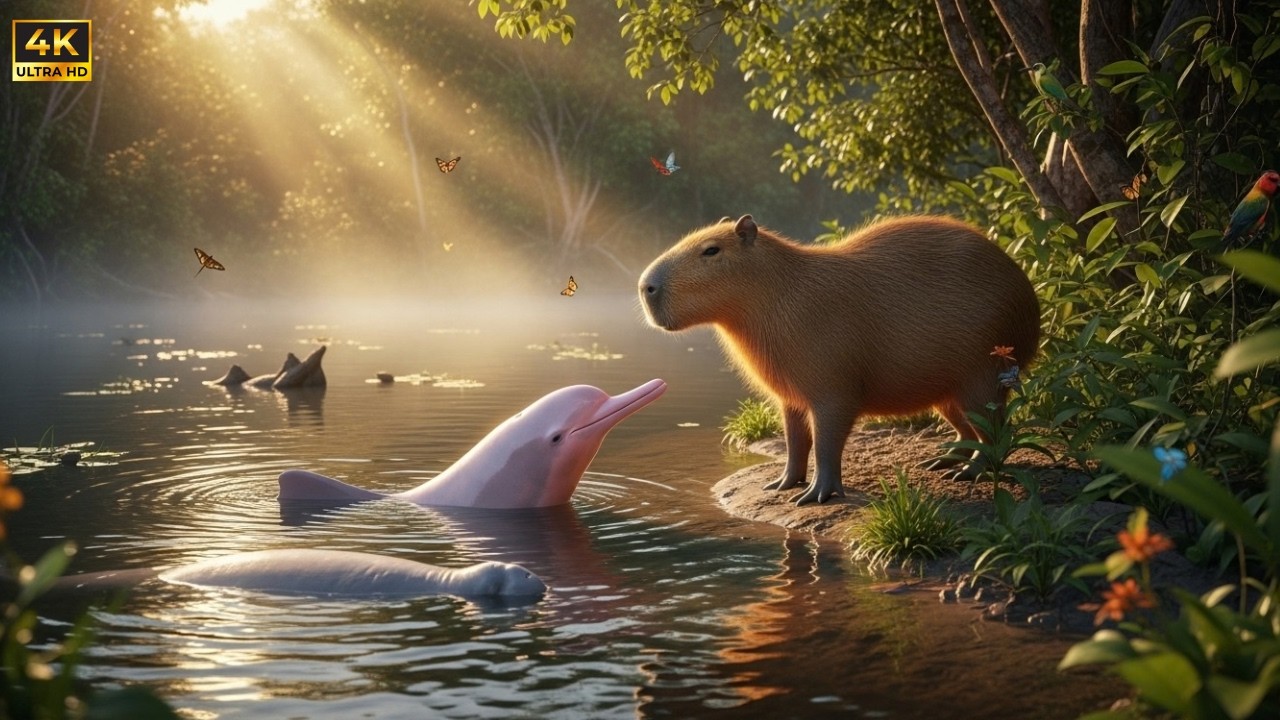 Relaxing Walk In The Amazon: The Magic of Animal Friendships (4K) | Capybara, Manatee, Dolphin