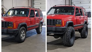 98 Jeep Cherokee XJ gets a 4 1/2 inch lift. from Fat Bob's Garage. Zone Off Road brand lift kit.