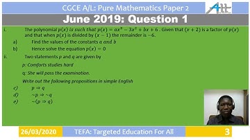 Cameroon GCE A Level Pure Mathematics Paper 2 June 2019 Question 1a