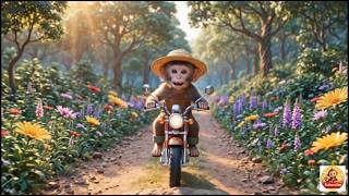 Cute Baby Monkey Riding Motorcycle Through Beautiful Flower Garden