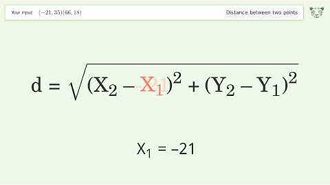 Find the distance between two points p1 (-21,35) and p2 (66,18): Step-by-Step Video Solution