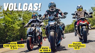 BMW M 1000 R, Ducati Streetfighter V4 S, KTM 1290 Super Duke R Evo - Vergleich auf der Rennstrecke