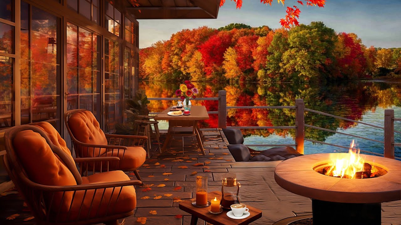 Cozy FAll Coffee Shop Ambience by Lakeshore with Relaxing Jazz Instrumental  Music & Bossa Nova Music 