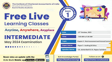 Intermediate Paper 5:A&E | Topic: Ch-3 : Risk Assessment and Internal...| Session 1 | 13 Oct, 2023