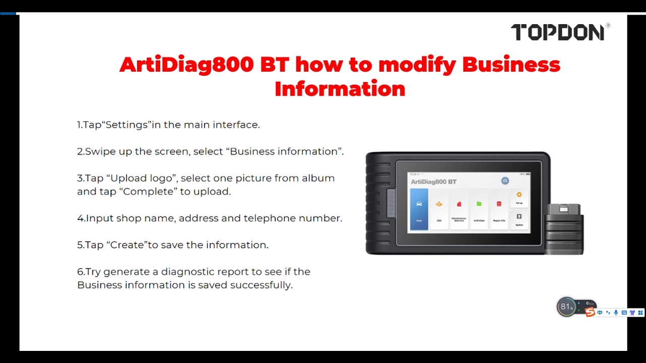 ArtiDiag800 BT - How to Modify Business Information - YouTube