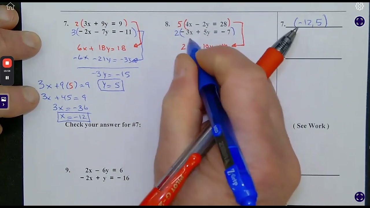 Algebra 1 System of Equations Using Elimination Combination Method Practice