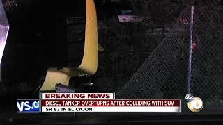 Diesel tanker overturns on SR-67 after collision with SUV
