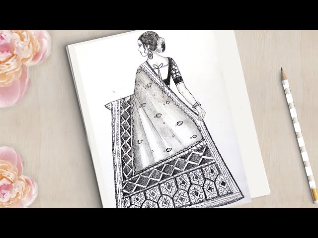 How to draw a Traditional Girl with Saree Easy, Saree Drawing, Draw girl/ Drawing for girls/drawing