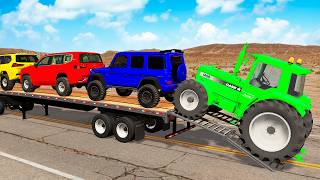 TRANSPORTING PIXAR CARS &amp; FRUITS WITH COLORED &amp; JOHN DEERE vs CLAAS vs TRACTORS - BeamNG.drive #983