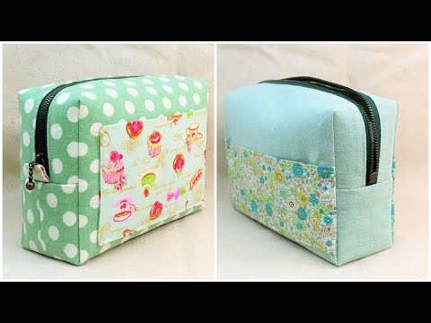ボックスポーチ作り方 型紙なし How to sew a zipper box pouch 裏地