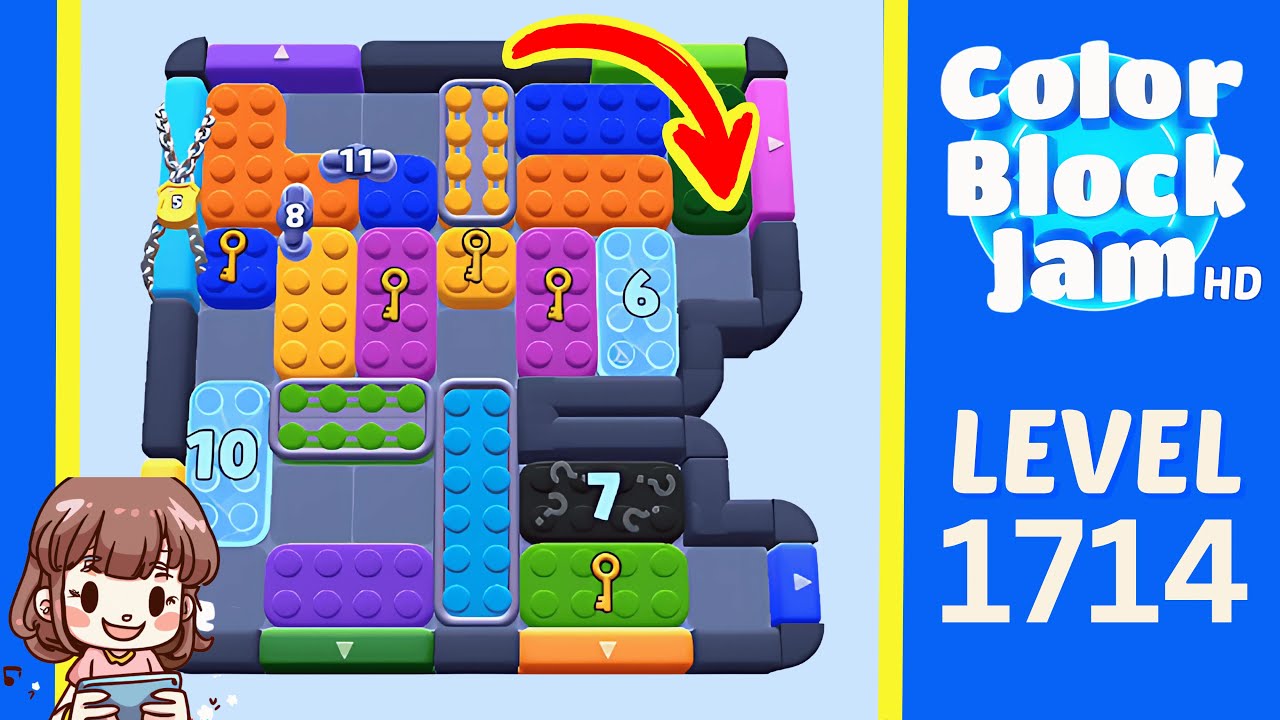 Color Block Jam Level 1714 Visible Level 1714 board with left cyan lane, lower exits, and center countdown cluster opening frame