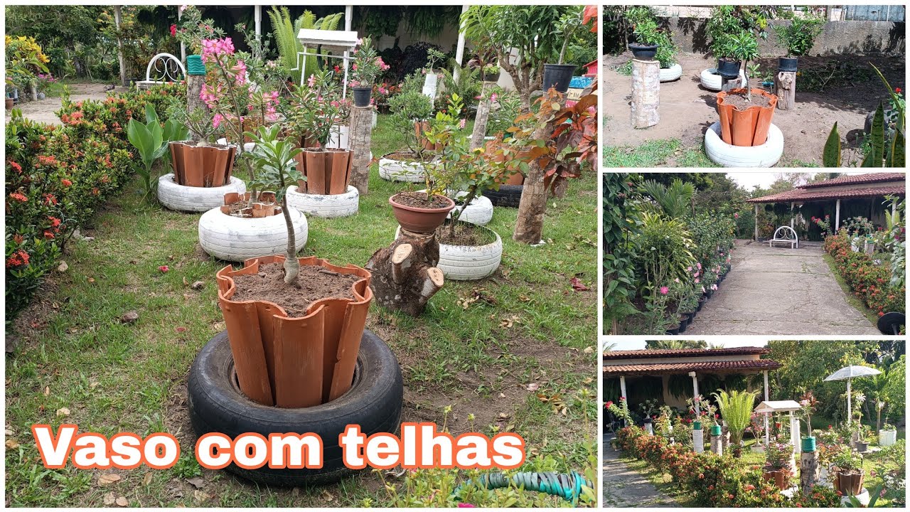 Mais decoração para o jardim/fiz vaso com pneus e telhas.