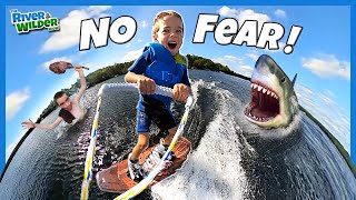 WAKEBOARD... with SHARKS? and CAVEMEN!? Kids Family fun